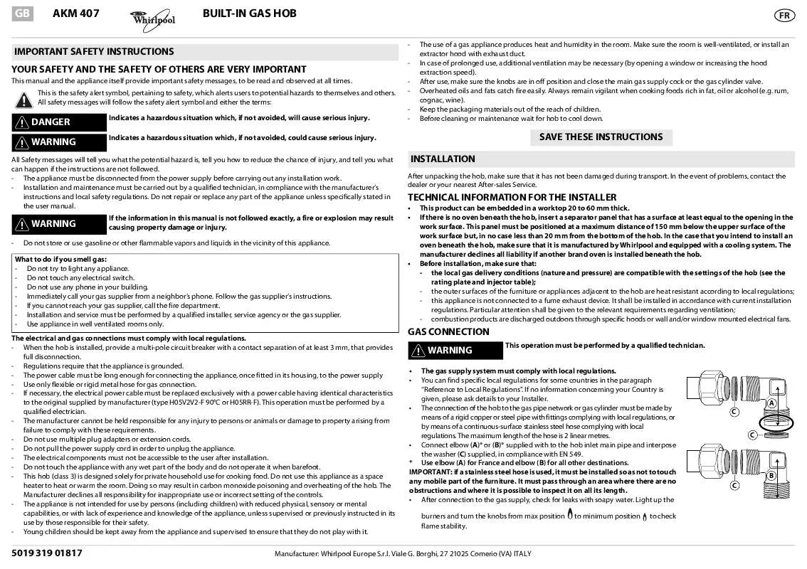 Mode d'emploi WHIRLPOOL AKM 407/WH