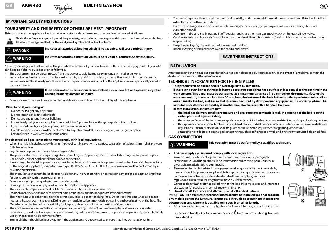 Mode d'emploi WHIRLPOOL AKM 430/NB