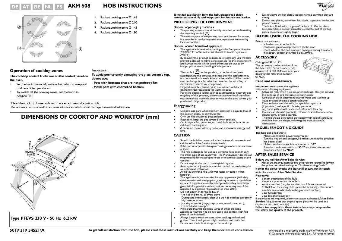 Mode d'emploi WHIRLPOOL AKM 608/01 AL