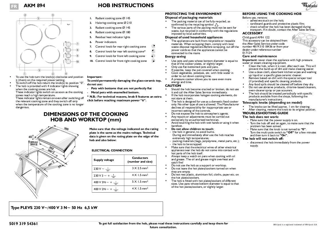 Mode d'emploi WHIRLPOOL AKM 894/NB