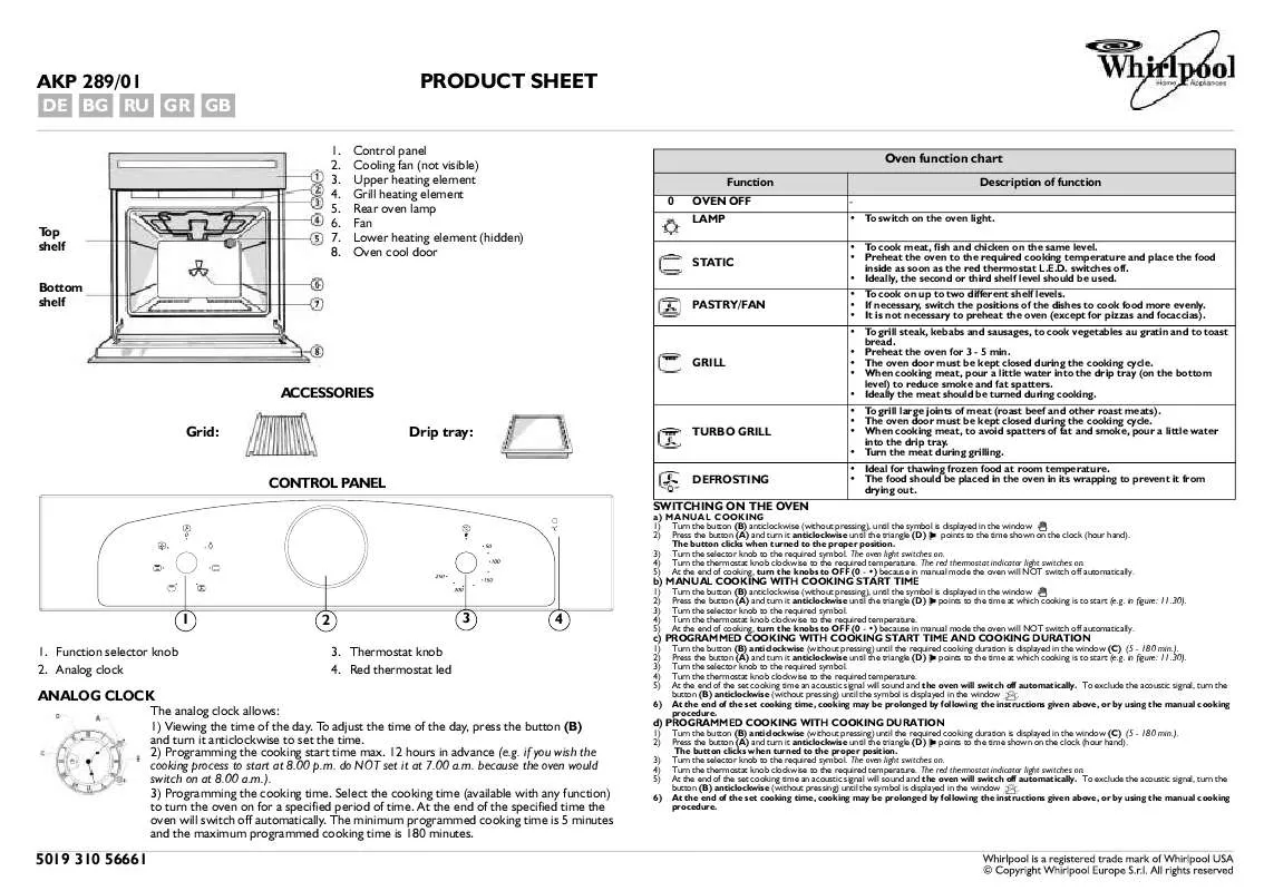 Mode d'emploi WHIRLPOOL AKP 289/NA/01