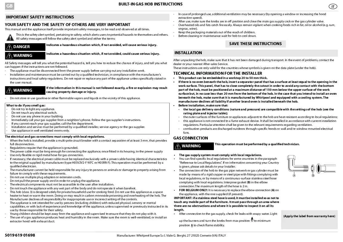 Mode d'emploi WHIRLPOOL AKS 212/IX