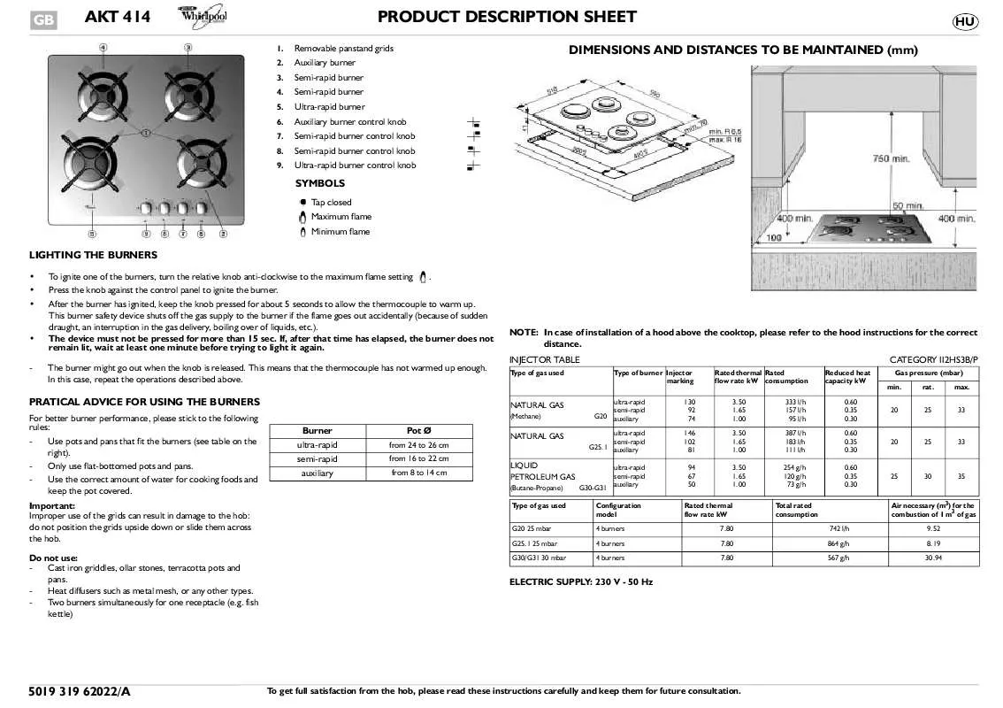 Mode d'emploi WHIRLPOOL AKT 414 NB