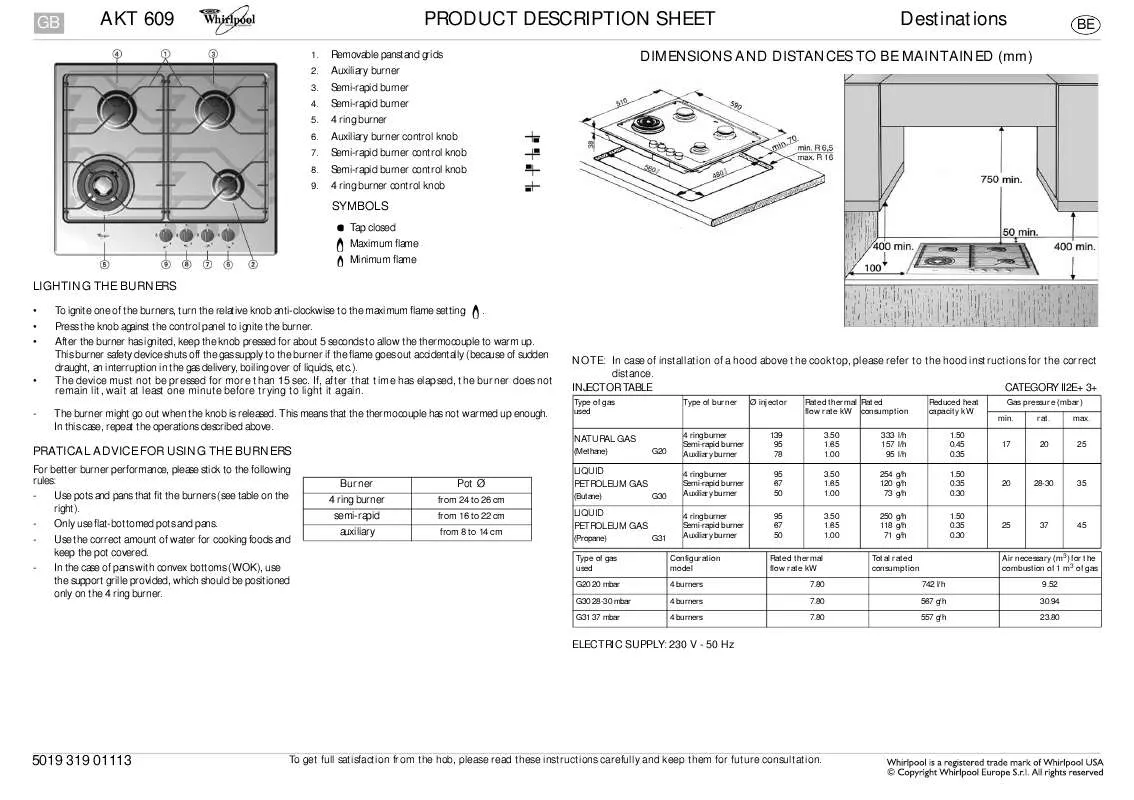 Mode d'emploi WHIRLPOOL AKT 609/IX