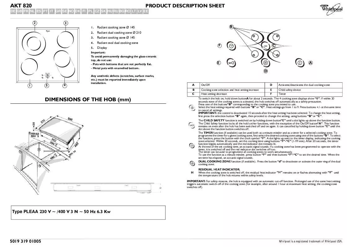 Mode d'emploi WHIRLPOOL AKT 820/IX