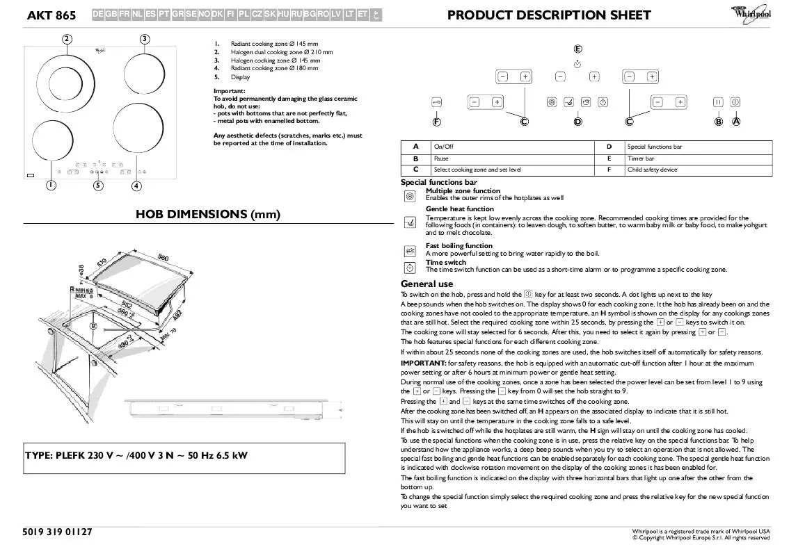 Mode d'emploi WHIRLPOOL AKT 865/BA