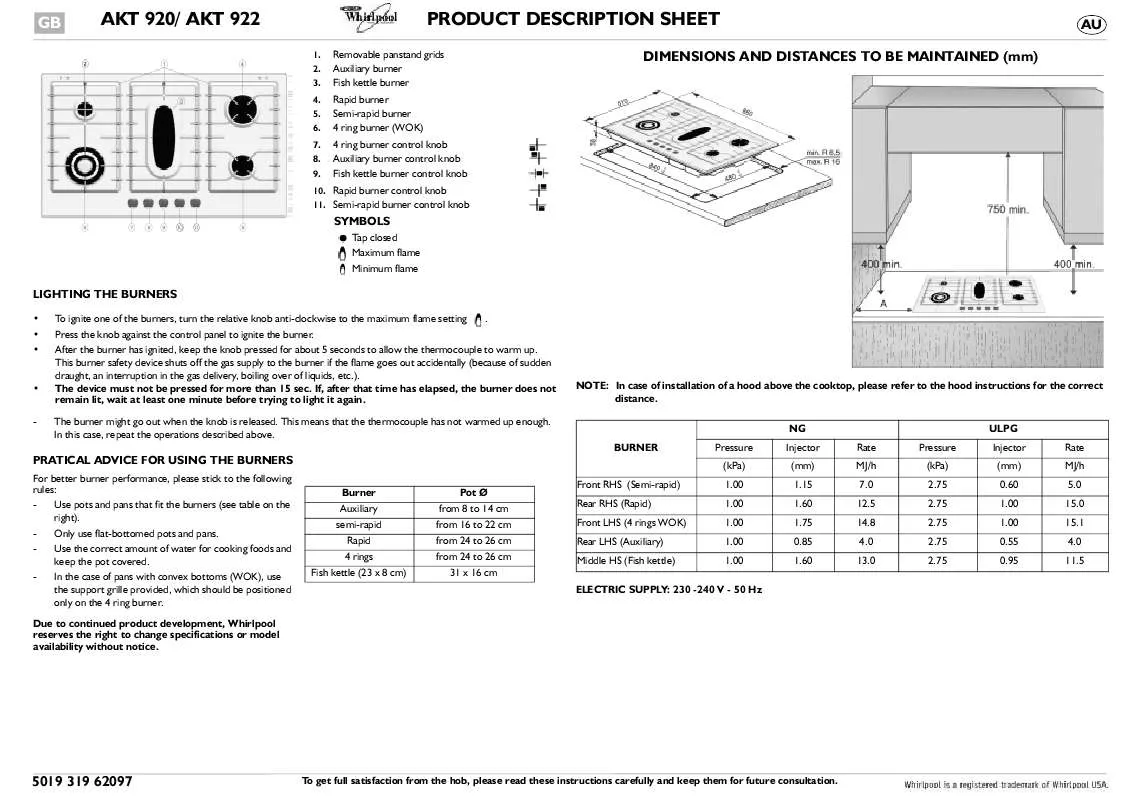 Mode d'emploi WHIRLPOOL AKT 920/IX