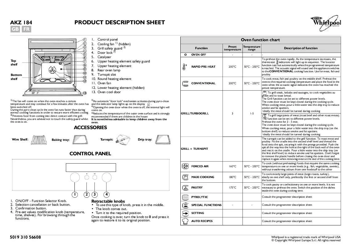 Mode d'emploi WHIRLPOOL AKZ 184/IX