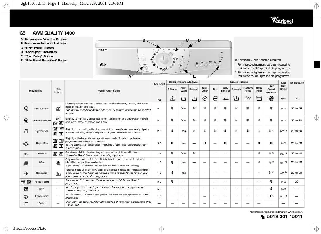 Mode d'emploi WHIRLPOOL AWM QUALITY 1400