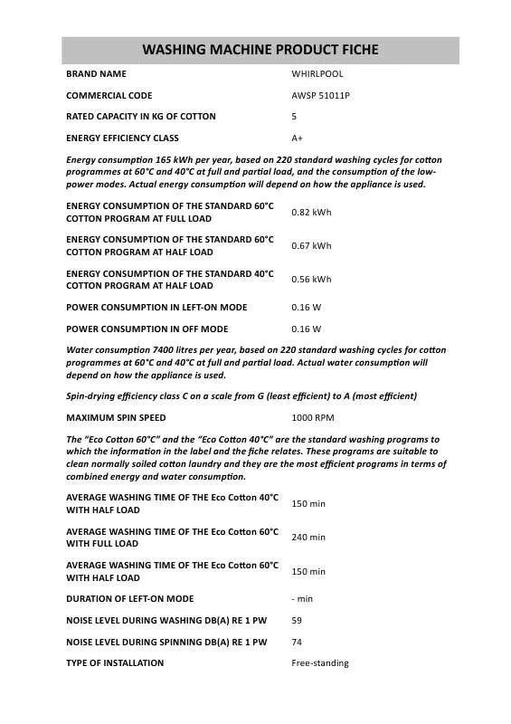 Mode d'emploi WHIRLPOOL AWSP 51011P