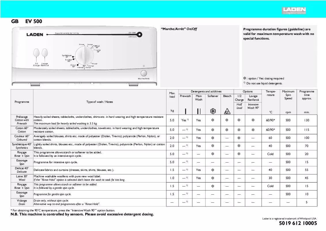 Mode d'emploi WHIRLPOOL EV 500