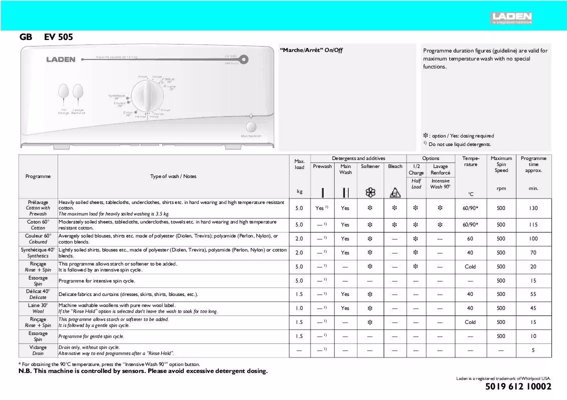 Mode d'emploi WHIRLPOOL EV 505