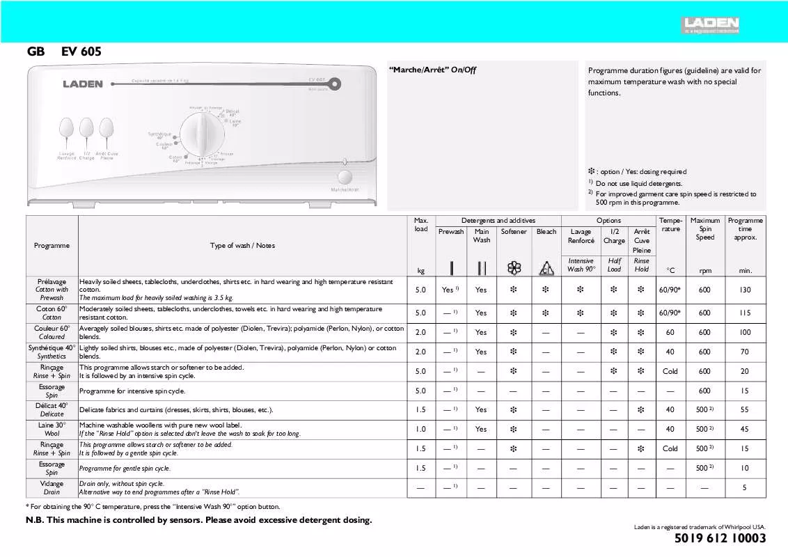 Mode d'emploi WHIRLPOOL EV 605