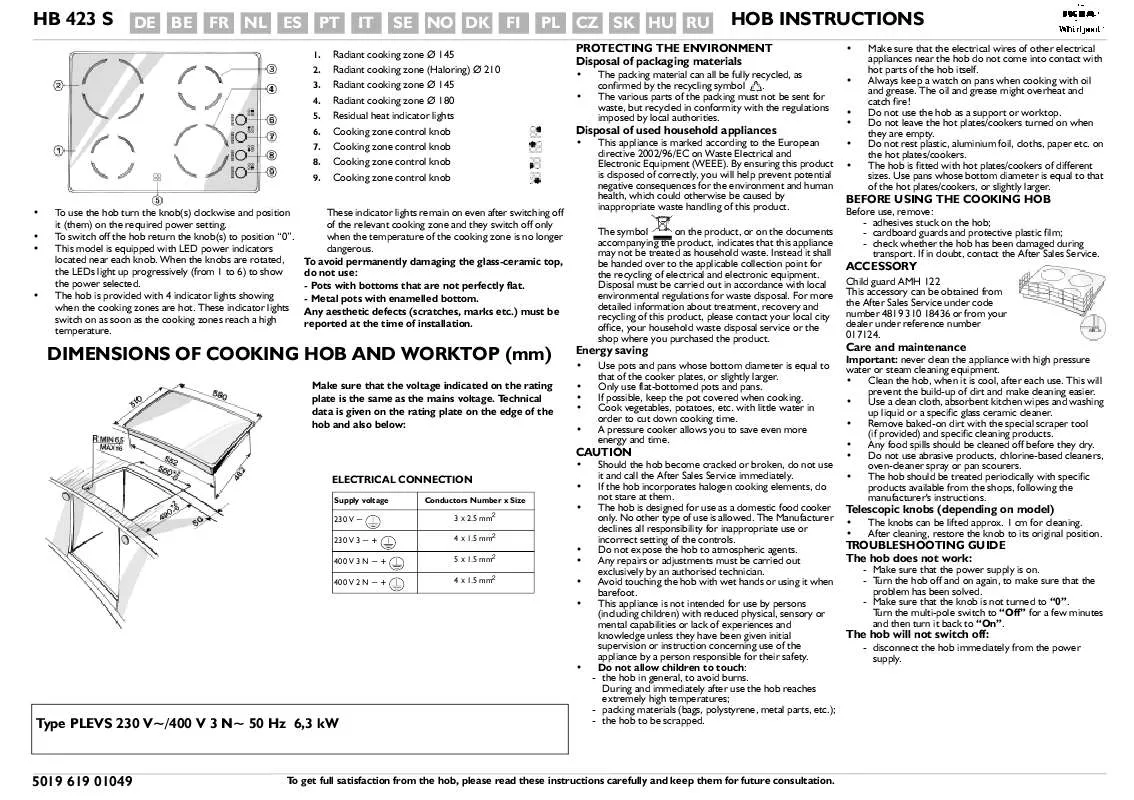 Mode d'emploi WHIRLPOOL HB 423 S