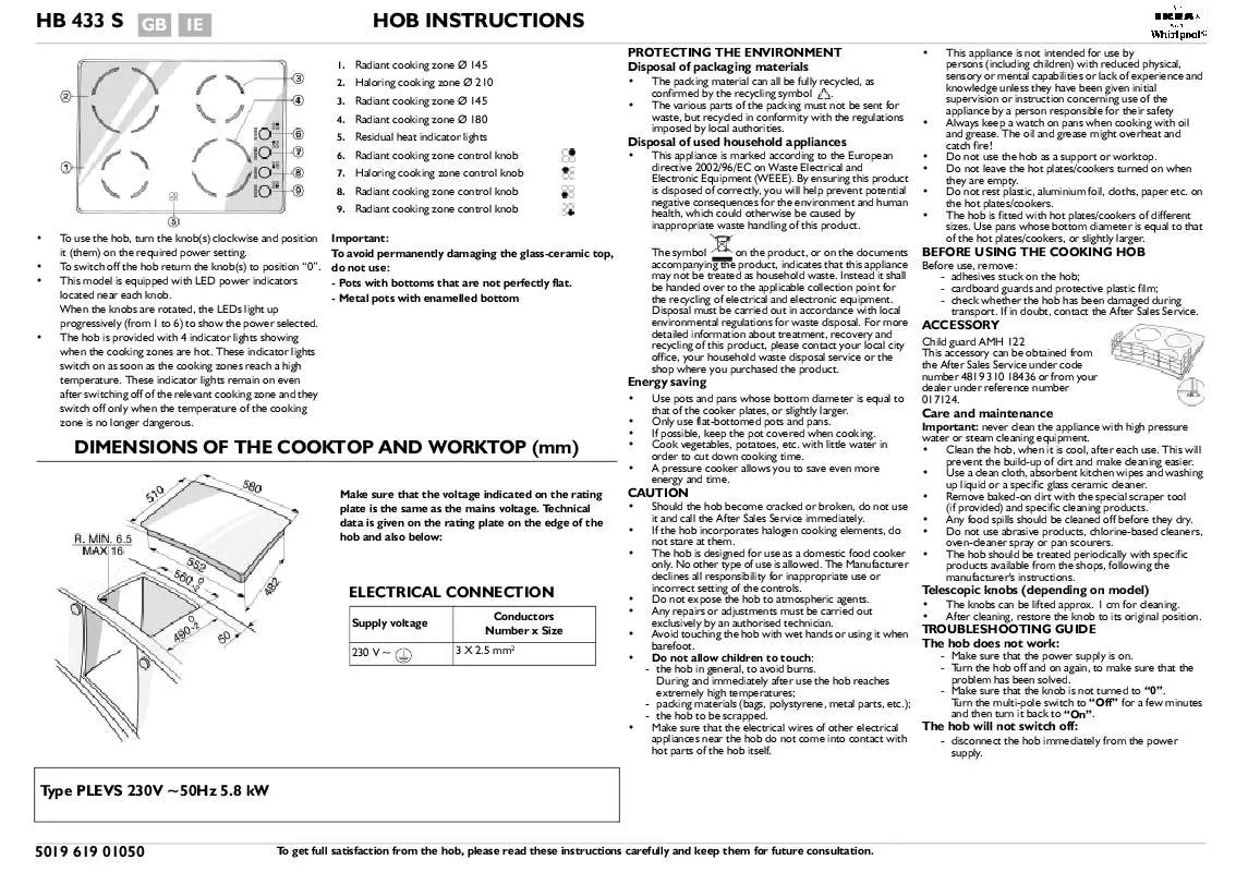 Mode d'emploi WHIRLPOOL HB 433 S