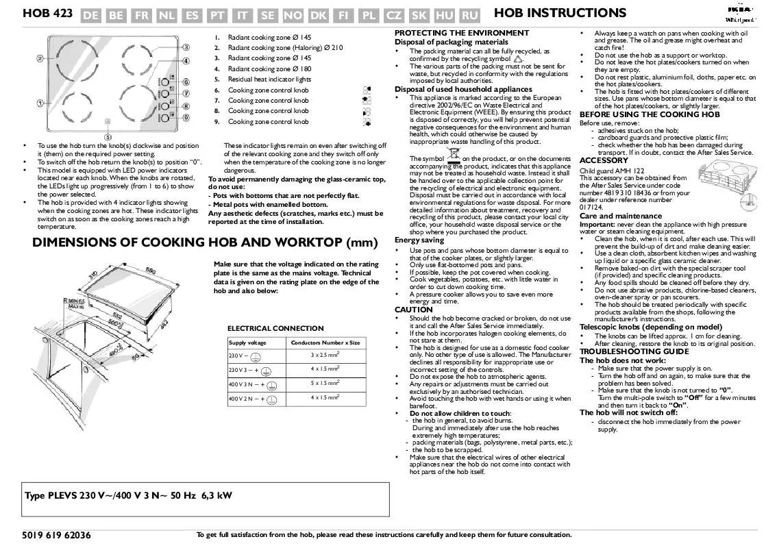 Mode d'emploi WHIRLPOOL HOB 423/S