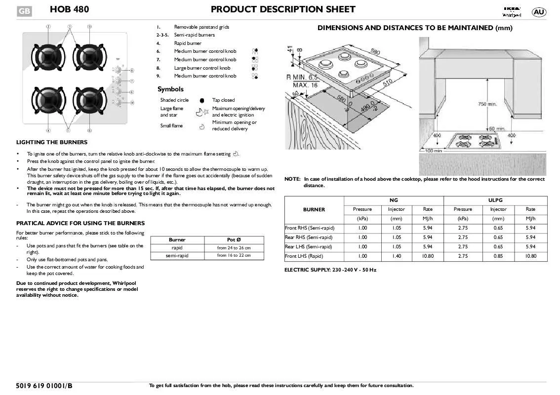 Mode d'emploi WHIRLPOOL HOB 480 B