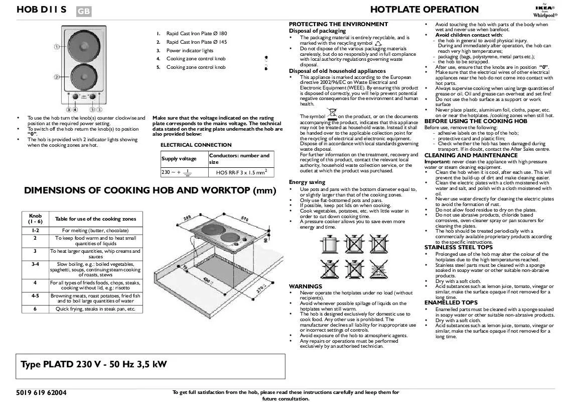 Mode d'emploi WHIRLPOOL HOB D11 S