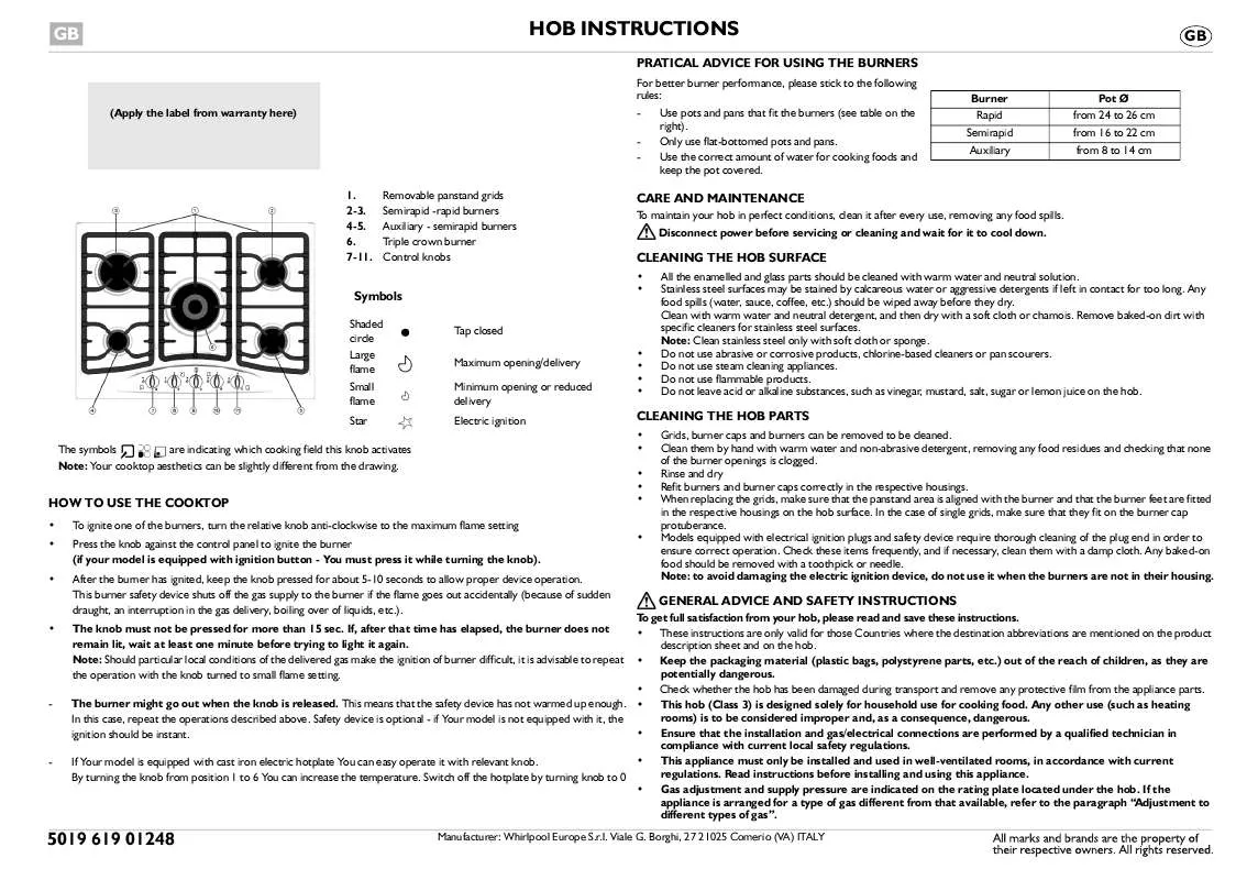 Mode d'emploi WHIRLPOOL KGH705X