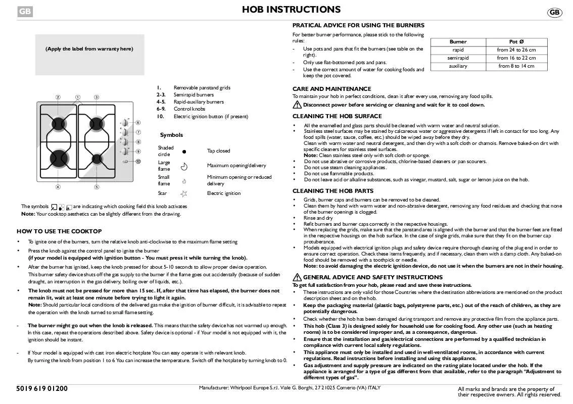 Mode d'emploi WHIRLPOOL LPR 960