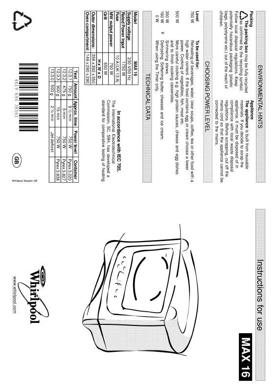 Mode d'emploi WHIRLPOOL MAX 16/2/BL