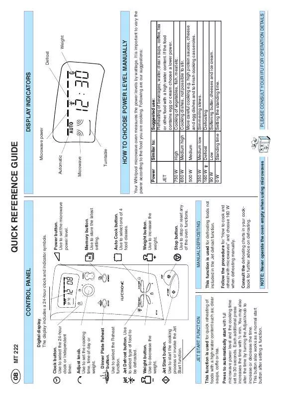 Mode d'emploi WHIRLPOOL MT 222/NOIR