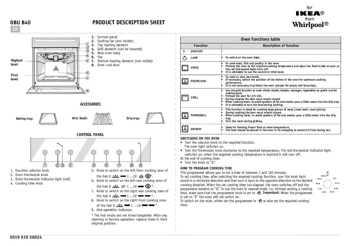 Mode d'emploi WHIRLPOOL OBU B40 W