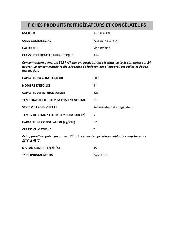 Mode d'emploi WHIRLPOOL WBR 3012 W