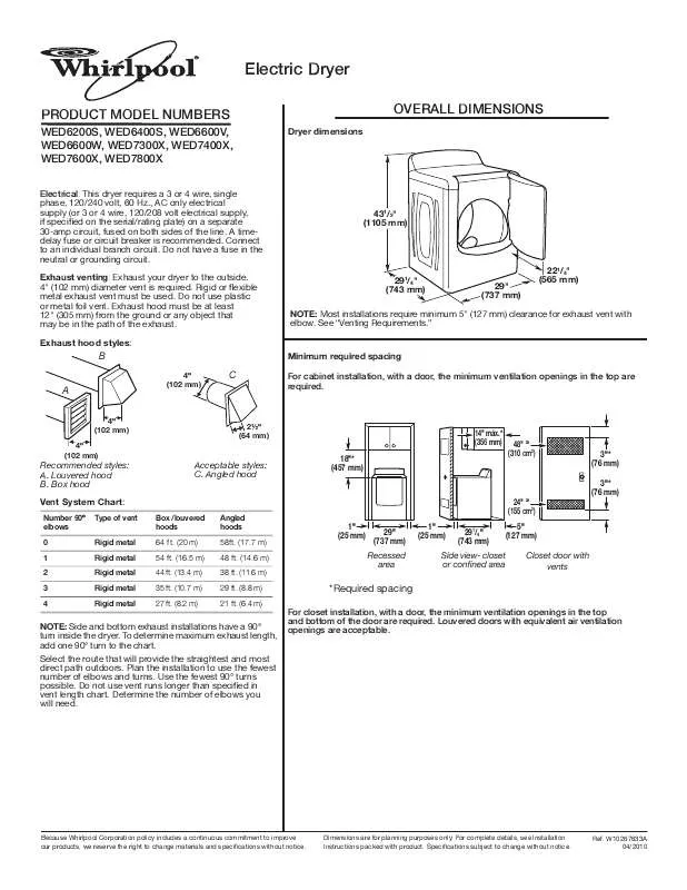 Mode d'emploi WHIRLPOOL WED6400S