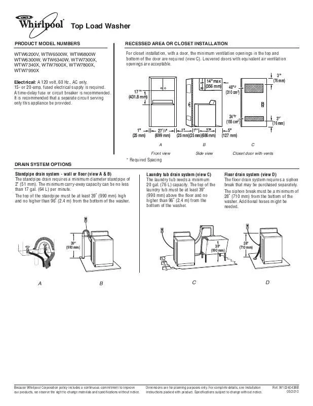 Mode d'emploi WHIRLPOOL WTW6300W