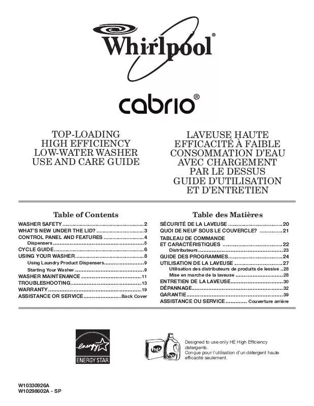 Mode d'emploi WHIRLPOOL WTW7800XW