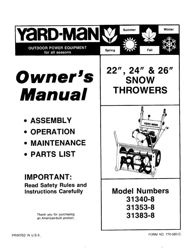 Mode d'emploi YARD-MAN SNOW THROWERS 31340-8