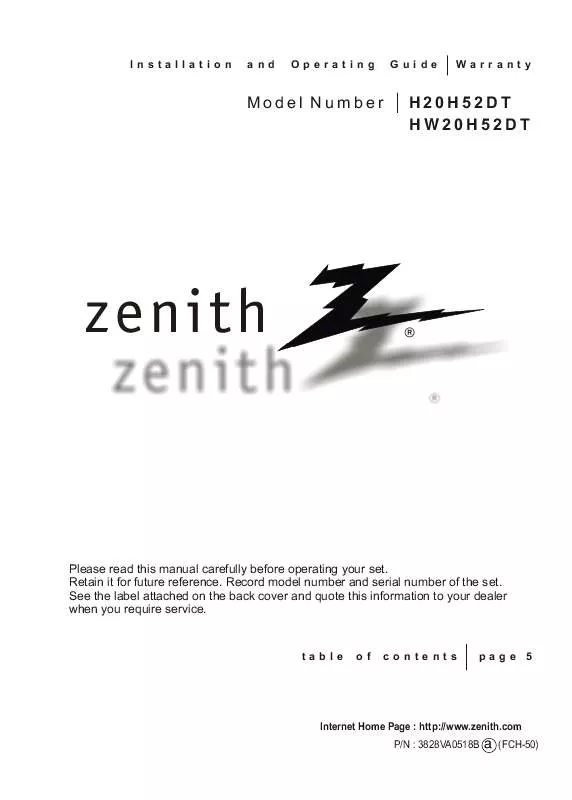 Mode d'emploi ZENITH HW20H52DT