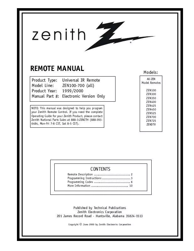Mode d'emploi ZENITH ZEN100