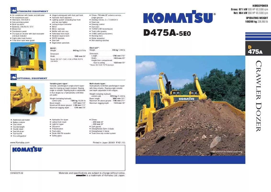 Mode d'emploi ZENOAH KOMATSU D475A-5E0