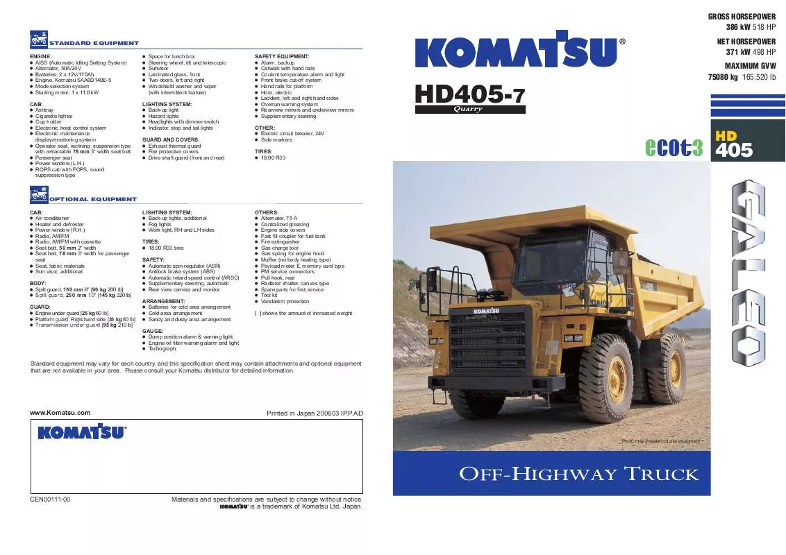 Mode d'emploi ZENOAH KOMATSU HD405-7