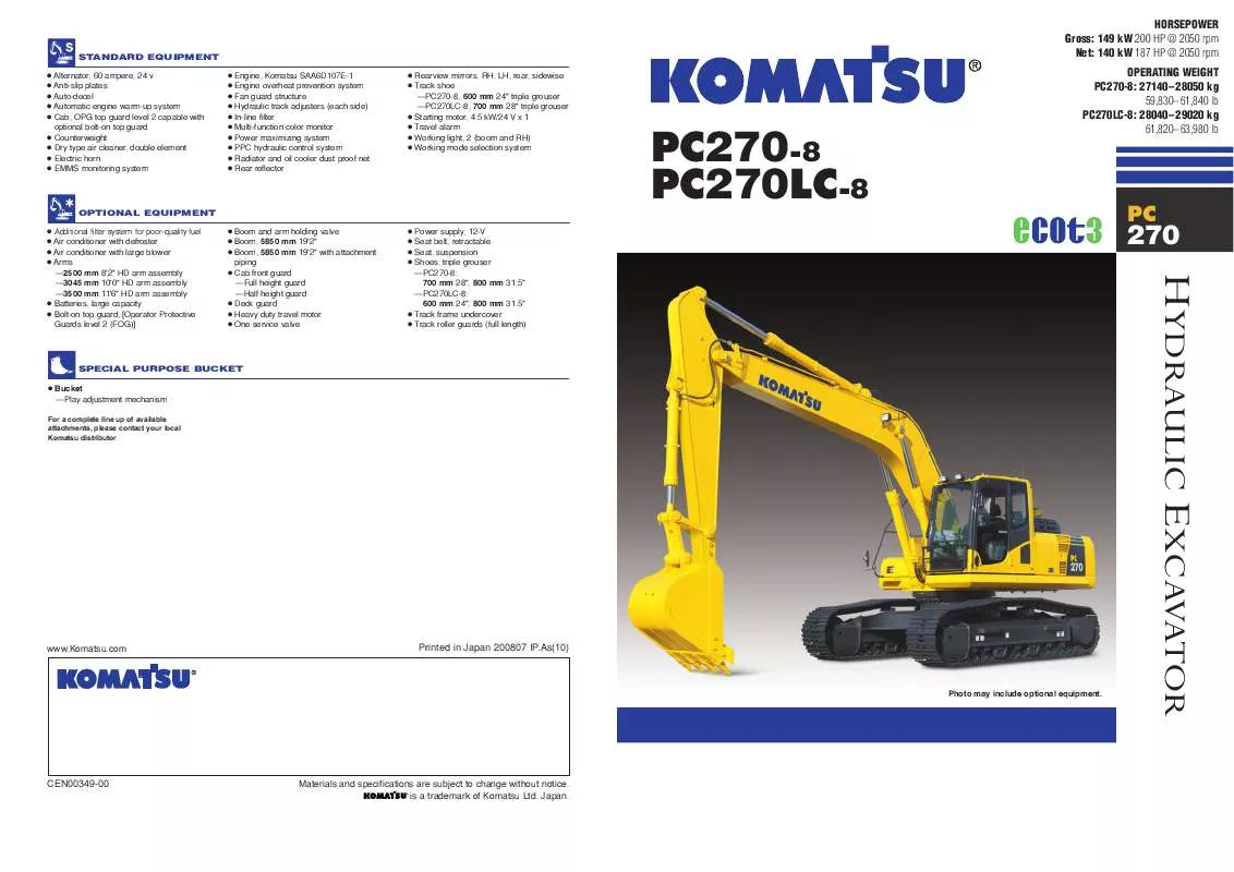 Mode d'emploi ZENOAH KOMATSU PC270LC-8