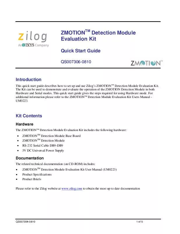 Mode d'emploi ZILOG ZMOTION DETECTION MODULE EVALUATION KIT